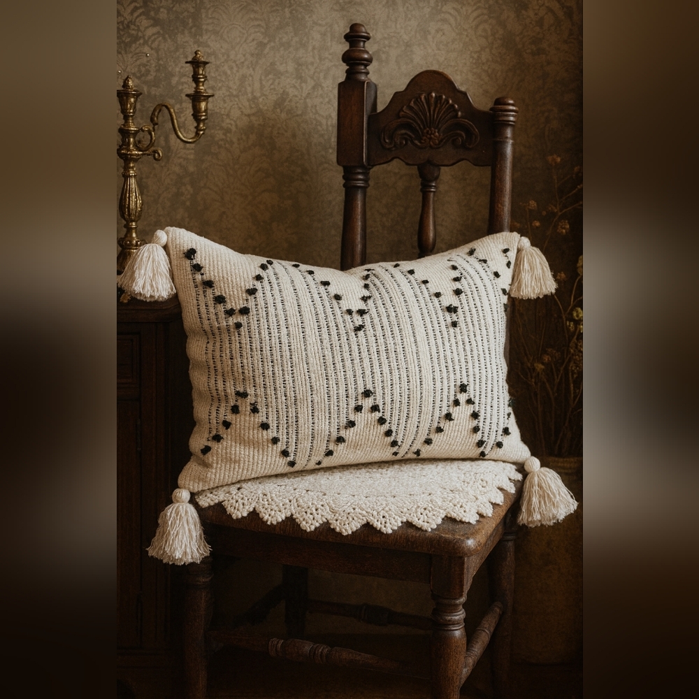 Cream Textured Tassel Pillow 12x20 – Black Woven Accents – Boho Farmhouse - Picture 1 of 6